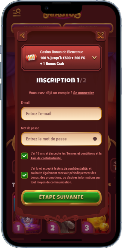 Formulaire d'enregistrement de compte pour l'application mobile de Magius Casino