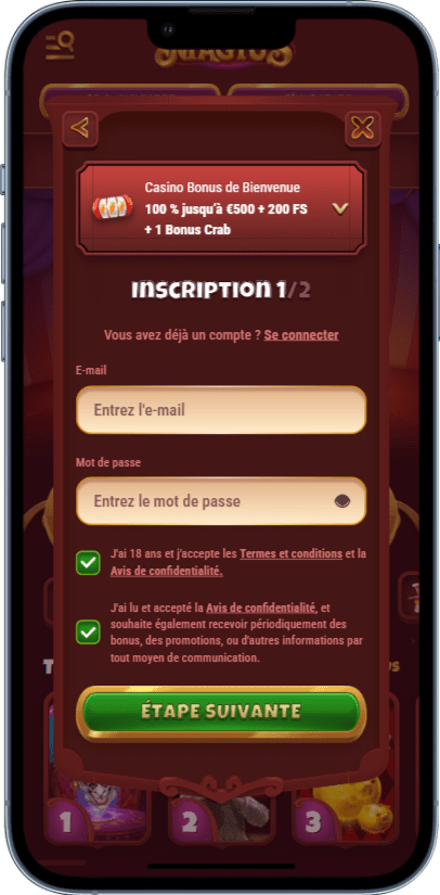 Formulaire d'enregistrement de compte pour l'application mobile de Magius Casino