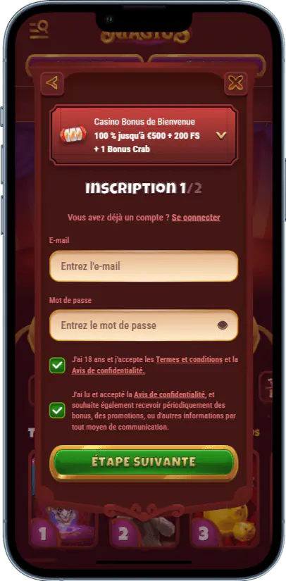 Formulaire d'enregistrement de compte pour l'application mobile de Magius Casino