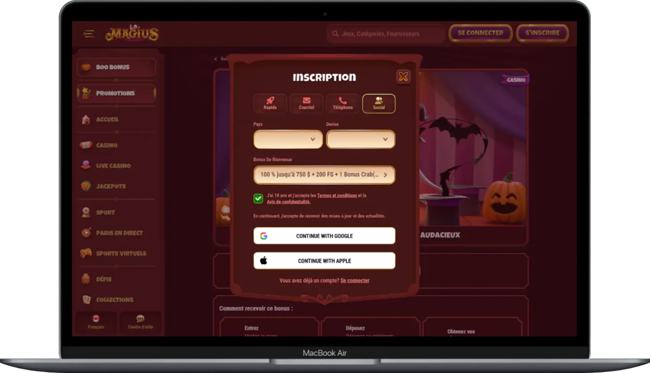 Connectez-vous à votre compte via un navigateur sur Magius Casino